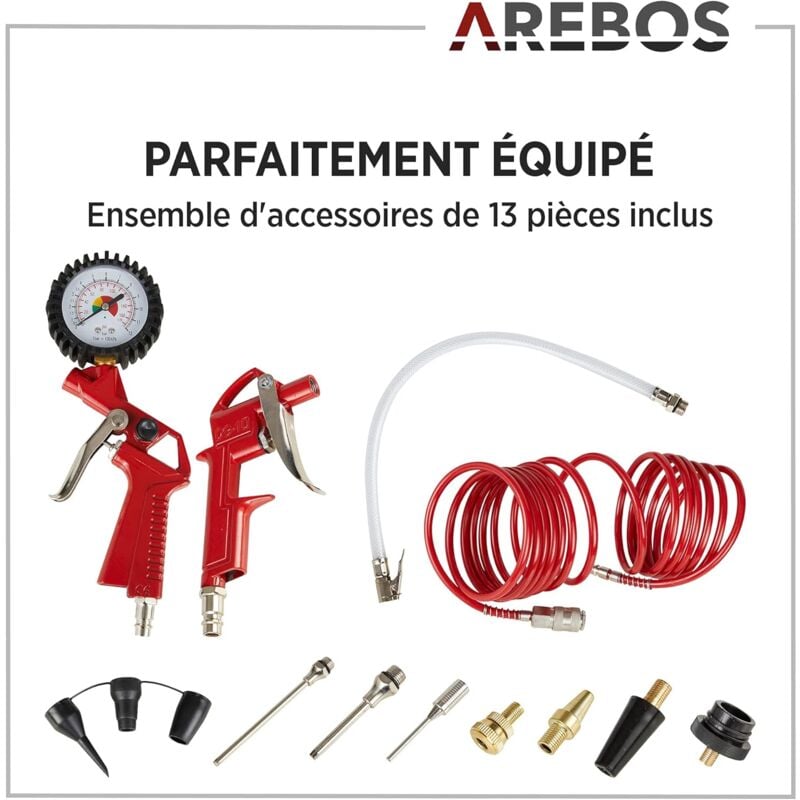AREBOS Compresseur d'air avec kit d'accessoires 13 pièces Compresseur  régulateur mobil Sans huile Arrêt