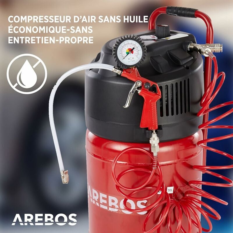 AREBOS Compresseur d'air avec kit d'accessoires 13 pièces Compresseur  régulateur mobil Sans huile Arrêt