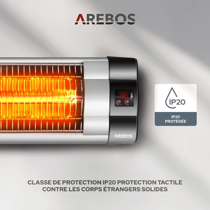 Radiateur Infrarouge Extérieur Monzana MZH2000 2000W - 3 Niveaux Chauffage, Télécommande, Low-Glare, IP55, Housse Incluse - Chauffage Terrasse Mural Argent