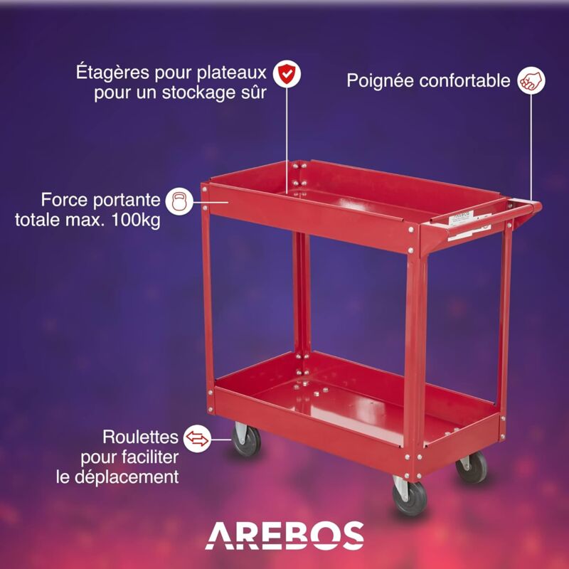Chariot Servante D'Atelier Arebos 2 Étages - Capacité 100kg - Roulettes - Acier Rouge - Rangement Mobile Outils