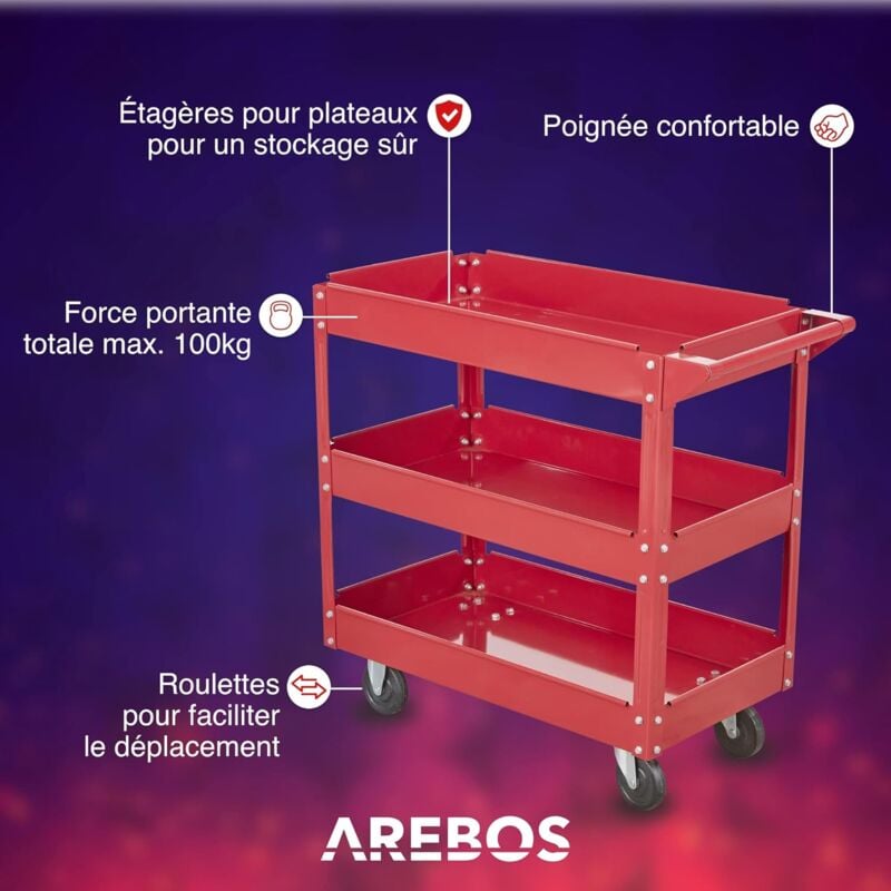 Chariot Ã Outils avec 3 EtagÃ¨res sur Roulettes, 3 Bacs Porte-outils,  CapacitÃ© de Charge Maximale 150 kg, Rangement des Outils Rouge pour  Garage, Jardin et Atelier, Restaurant, Cuisine, Salle Ã Manger 