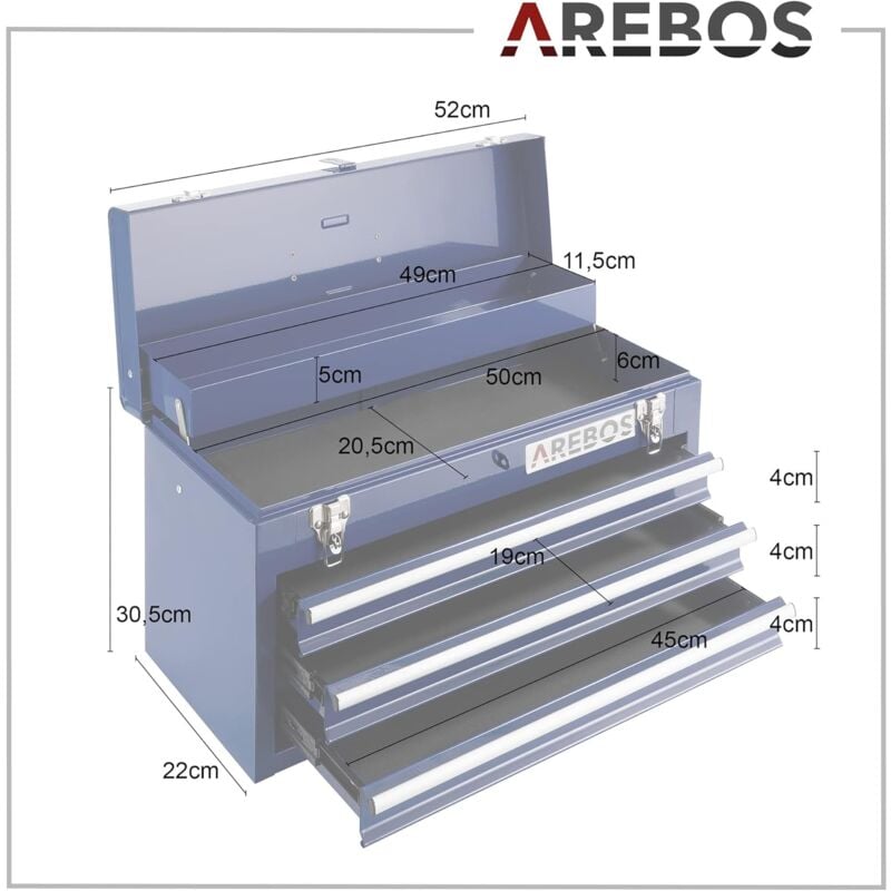 AREBOS Boîte à outils avec 3 tiroirs et 2 compartiments de