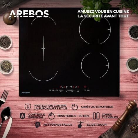 AREBOS Table de cuisson à induction Vitrocéramique Plaques de cuisson Autonome 7200 W 4 zones