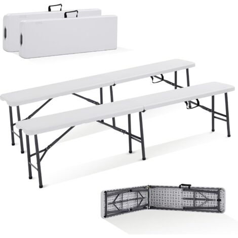 Arebos – Lot de 2 bancs pliants 183 x 28 x 43 cm – Acier avec revêtement par poudre – Plastique HDPE – Pour événements extérieurs et intérieurs – Blanc