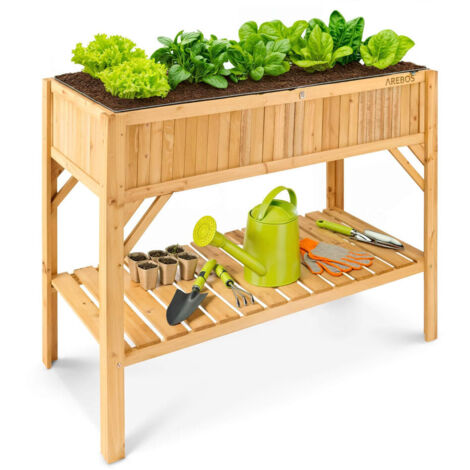 Arebos – Jardinière surélevée en bois de sapin 90 cm – Volume 191,4 L – Drainage efficace – Compartiment de rangement intégré