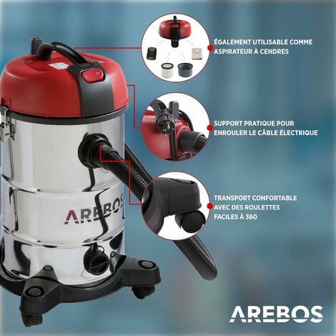AREBOS Aspirateur Industriel Wet & Dry Aspirateur 1800W Aspirateurs Aspirateur cendre avec ou sans sac 30L acier inoxydable