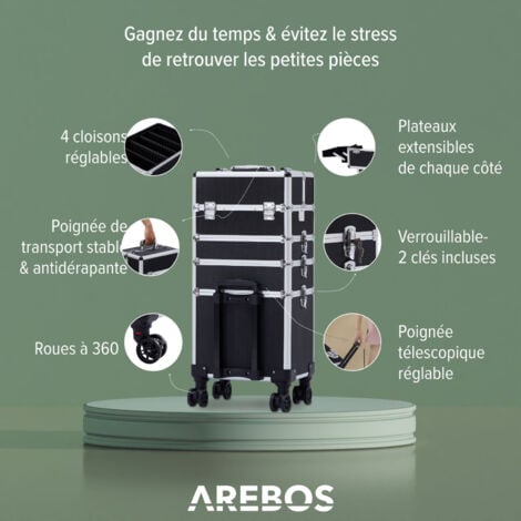 AREBOS Mallette de cosmétiques Mallette de Maquillage Professionnel verrouillableavec Roues universelles à Rotation de 360°Noir