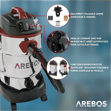 AREBOS Aspirateur Industriel  Aspirateur Professionnel avec Prise 1600W  30L  Acier Inoxydable  Fonction de soufflage Rouge