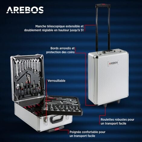 Valise à Outils AREBOS - Set d'outils 1200 pièces - Valise à roulettes - Valise de transport - Argent