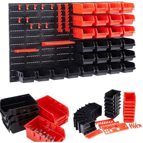 AREBOS Lot de 46 boîtes de Rangement empilables  Rouge  Noir  4 Panneaux arrières  28 boîtes empilables  14 Porte-Outils  Matériel de Fixation Inclus  Amovible et empilable