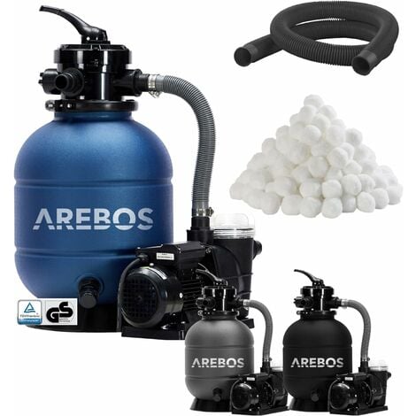 AREBOS Système de Filtre à Sable avec Pompe 400W + 1400g de balles de Filtre + Tuyau de 2m  Bleu  10200 L/h  Capacité du réservoir jusqu'à 20 kg de Sable  Vanne à 4 Voies avec poignée et manomètre