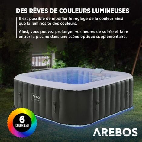 Spa Gonflable AREBOS - Automatique - 185x185cm - 6 Personnes - Bande Lumineuse LED - 130 Jets de Massage - 910 L - Noir