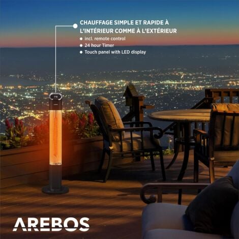 AREBOS Chauffage infrarouge  Radiateur radiant électrique  2000 W  2 niveaux  Minuterie 24 heures  télécommande Noir