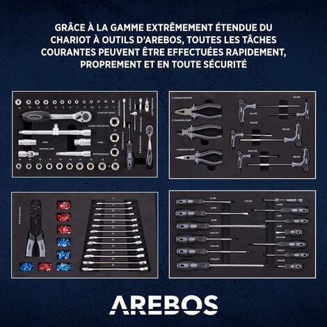 AREBOS Servante d'atelier 4 Compartiments  avec 81 pièces d'outils  Chariot à Outils  équipé  Frein de stationnement  Rouge