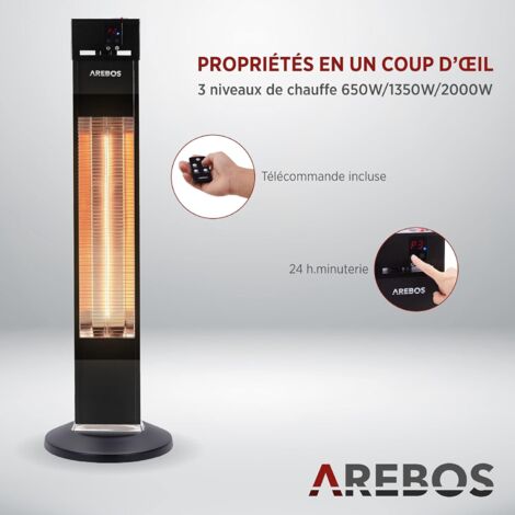 AREBOS Radiateur infrarouge sur pied 2000 W  avec télécommande  Indice de protection IP34  Technologie Low Glare  Noir