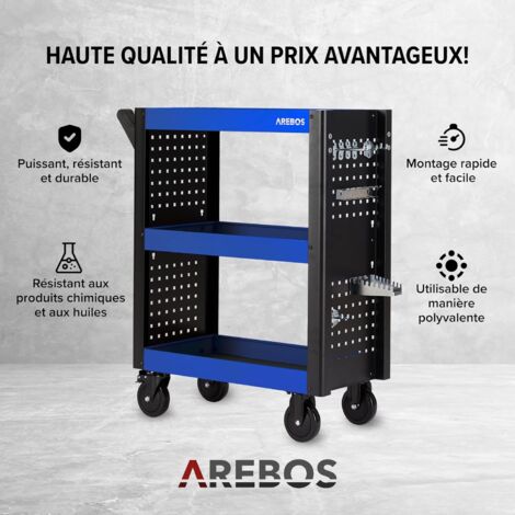 AREBOS Chariot de Service 3 Compartiments Chariot d'atelier Chariot à OutilsChariot pour Le Transport et Le StockageBleu /Noir