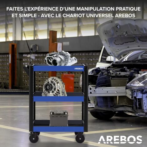 AREBOS Chariot de Service 3 Compartiments Chariot d'atelier Chariot à OutilsChariot pour Le Transport et Le StockageBleu /Noir