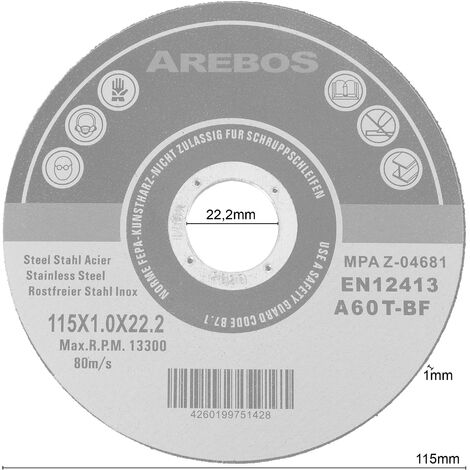 Lot De 400 Disques à Tronçonner AREBOS 115 Mm - Pour Meuleuse D'angle, Métal, Inox, 1mm