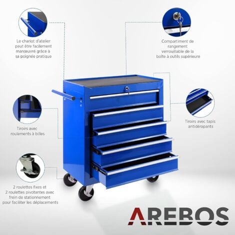 AREBOS Servante Caisse à Outils d’Atelier  5 Tiroirs  Bleu  Résistante aux Rayures  Tiroirs avec revêtement antidérapant  Acier