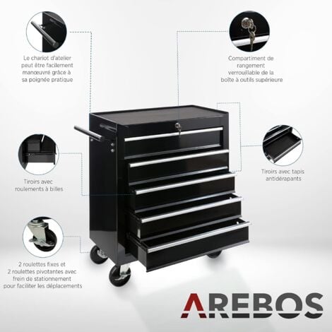 AREBOS Servante Caisse à Outils d’Atelier  5 Tiroirs  Noir  Tiroirs pouvant être verrouillés  Résistante aux Rayures