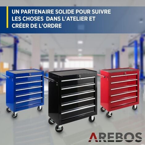 AREBOS Servante Caisse à Outils d’Atelier  5 Tiroirs  Noir  Tiroirs pouvant être verrouillés  Résistante aux Rayures