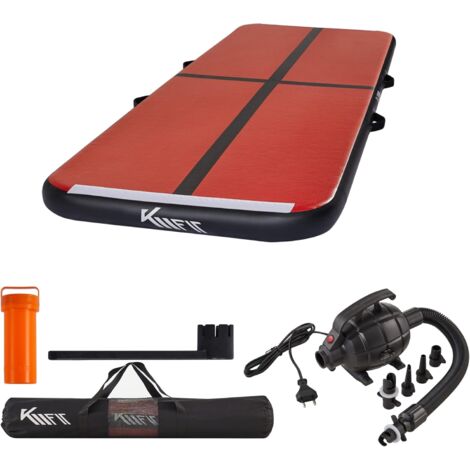 KM Fit Tapis de gymnastique gonflable Airtrack - 3 m - Noir et rouge - Avec sac de transport, pompe à air électrique et kit de réparation (1/5)