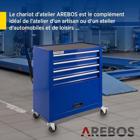 AREBOS Chariot d'Atelier Chariot à Outils  4 Tiroirs + Grand Compartiment Bleu  4 roulettes  Tapis antidérapants