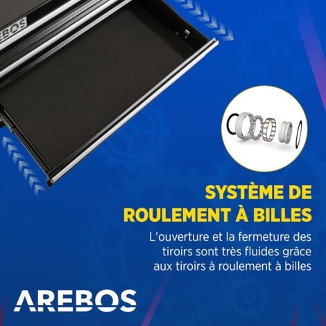 AREBOS Chariot d'Atelier Chariot à Outils  4 Tiroirs + Grand Compartiment  Noir  4 roulettes  Tapis antidérapants