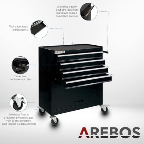 AREBOS Chariot d'Atelier Chariot à Outils  4 Tiroirs + Grand Compartiment  Noir  4 roulettes  Tapis antidérapants