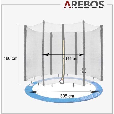 AREBOS Filet de sécurité pour Trampolines + Filet 305 cm 6 tiges bleu