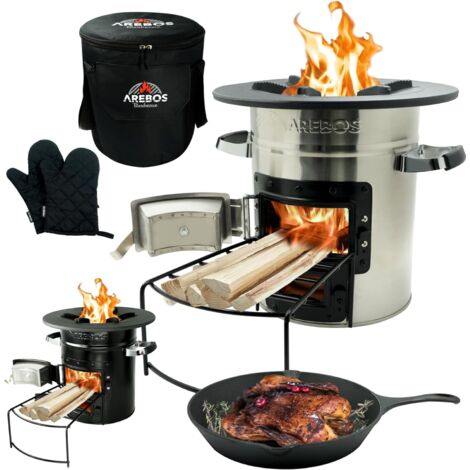 Arebos – Four à fusée BBQ portable 32 cm – Poêle en fonte 26 cm – Utilisation avec bois et charbon – Sac de transport inclus
