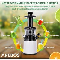 Arebos Extracteur de jus d’AREBOS Presse-agrumes Extracteur de jus en acier inoxydable Centrifugeuse lent pour fruit de 200W Blanc Blanc ou acier inoxydable 