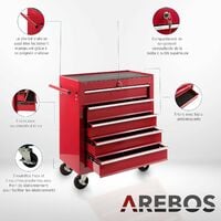 AREBOS Servante Caisse à Outils Chariot d’Atelier | 5 tiroirs | Rouge | Résistante aux Rayures | avec revêtement antidérapant - Rouge