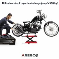 AREBOS Cric de moto 500 kg Pont Élévateur pour Motos Plate-forme Élévatrice Bloc de montage | Régable de 95-375 mm | Rouge - Noir - rouge