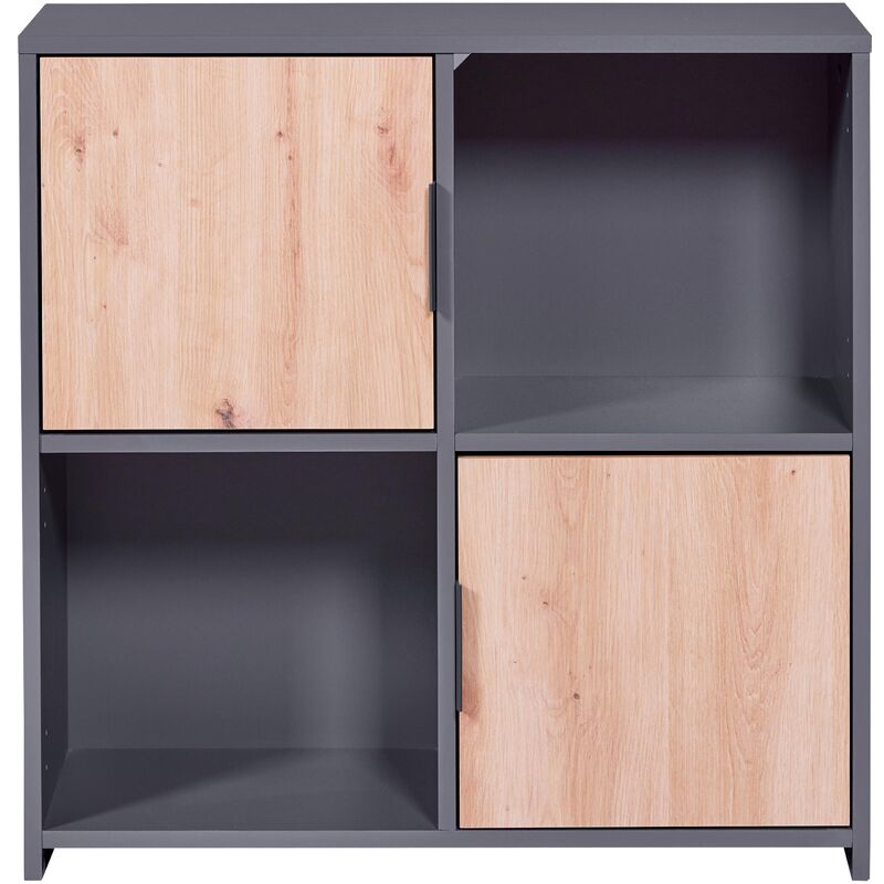 Libreria con tre cassetti in laminato grigio e quercia. - Casa Più