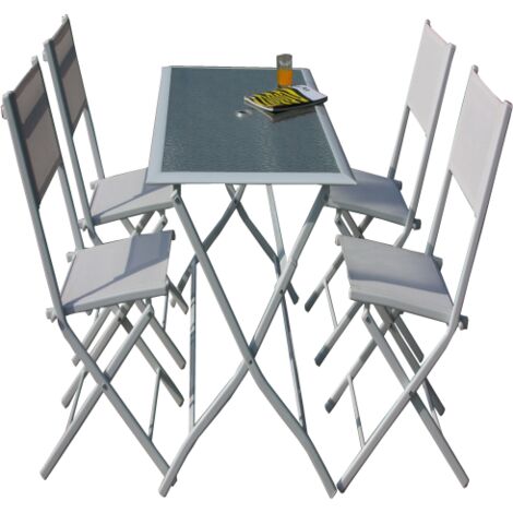 Set pranzo Astro pieghevole in acciaio bianco tavolo con vetro e quattro sedie da giardino esterno (1/6)