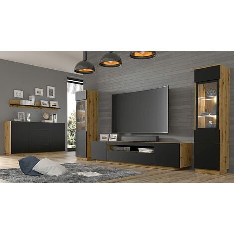 MOBILE COLONNA CREDENZA VETRINA SOGGIORNO AURA 37x33x144 ROVERE NERO OPACO