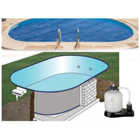 GRE – Piscina interrata ovale 800x400x150 cm – Parete acciaio prelaccata 70/100 – Liner blu 75/100 – Filtro a sabbia 10m³/h – Scala inox 4 gradini (1/5)