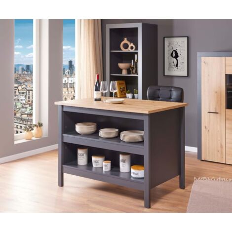 ISOLA NELLINA PER CUCINA 2 RIPIANI E VANO SGABELLI 124x75x91,5CM LAMINATO GRIGIO E QUERCIA ARTISAN