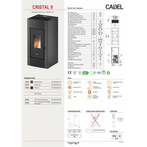 Cadel Pelletofen Cristal 9 Metall Rot 8,5 kW Pellet Air Kamin Kaminofen belüftet