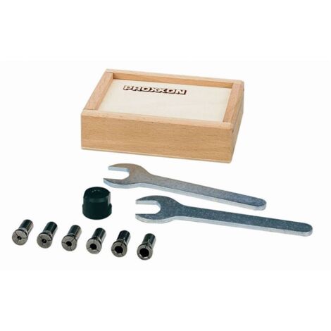 Proxxon – Set de 6 pinces de serrage en acier trempé 2,35 à 6,0 mm – Coffret en bois avec couvercle coulissant – Pour perceuses d'établi TBH