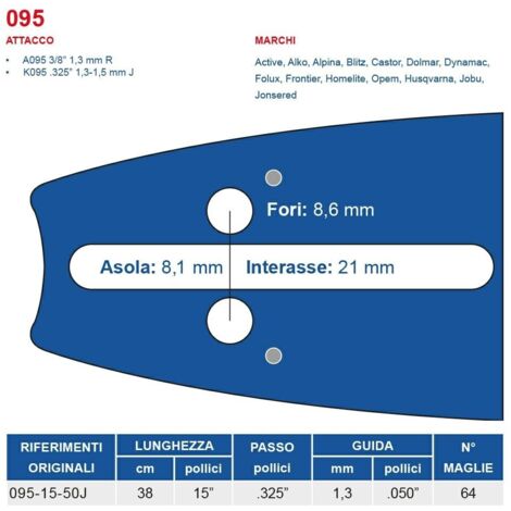 Barra motosega 38 cm - 15" passo .325", spessore 1.3 mm - .050" attacco 095, 64 maglie 451795