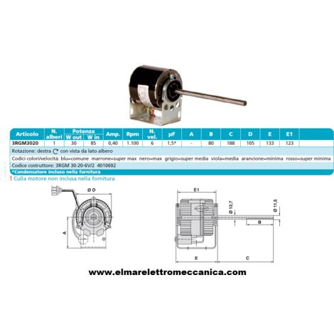 ELCO 3RGM 30-20-6V/2 Motore 85 W MONOALBERO 6 Velocità aspiratore Fan Coil
