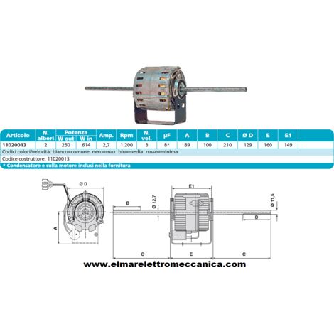 RPM 11020013 Motore 250 W BIALBERO 3 Velocità aspiratore Fan Coil
