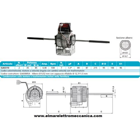 GA03005A Motore 85 W BIALBERO 7 Velocità aspiratore Fan Coil