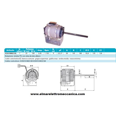 K35410 M01975 M01136 K48407 Motore 86 W MONOALBERO 3 Velocità aspiratore Fan Coil