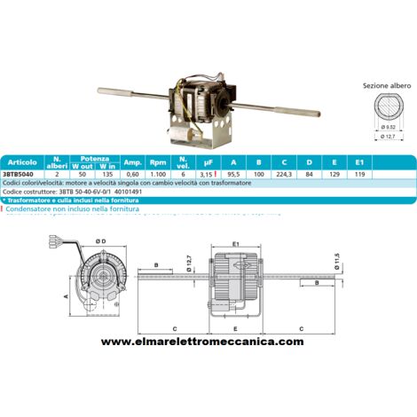 EMI 3BTB 50-40-6v-0/1 Motore 135 W BIALBERO 6 Velocità aspiratore Fan Coil