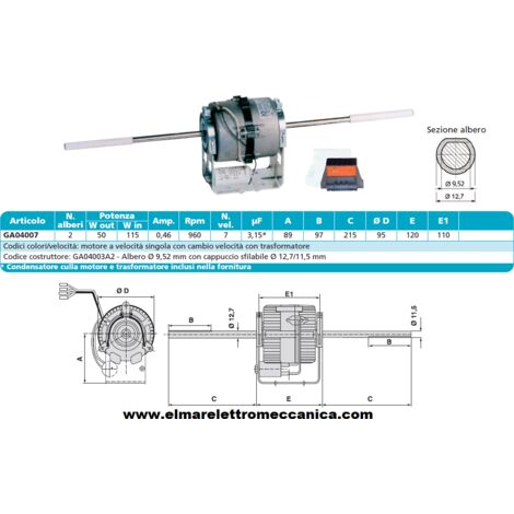 GA04003A2 Motore 115 W BIALBERO 7 Velocità aspiratore Fan Coil
