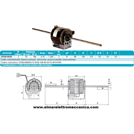 ELCO 3FGB 100-40-3V/15 Motore BIALBERO 3 Velocità 180 W aspiratore Fan Coil