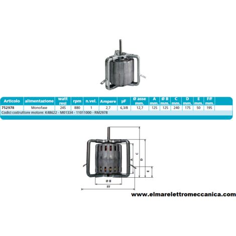 752978 245 W 880 GIRI Motore Elettrico Monofase Ventilatore Centrifugo Assiale
